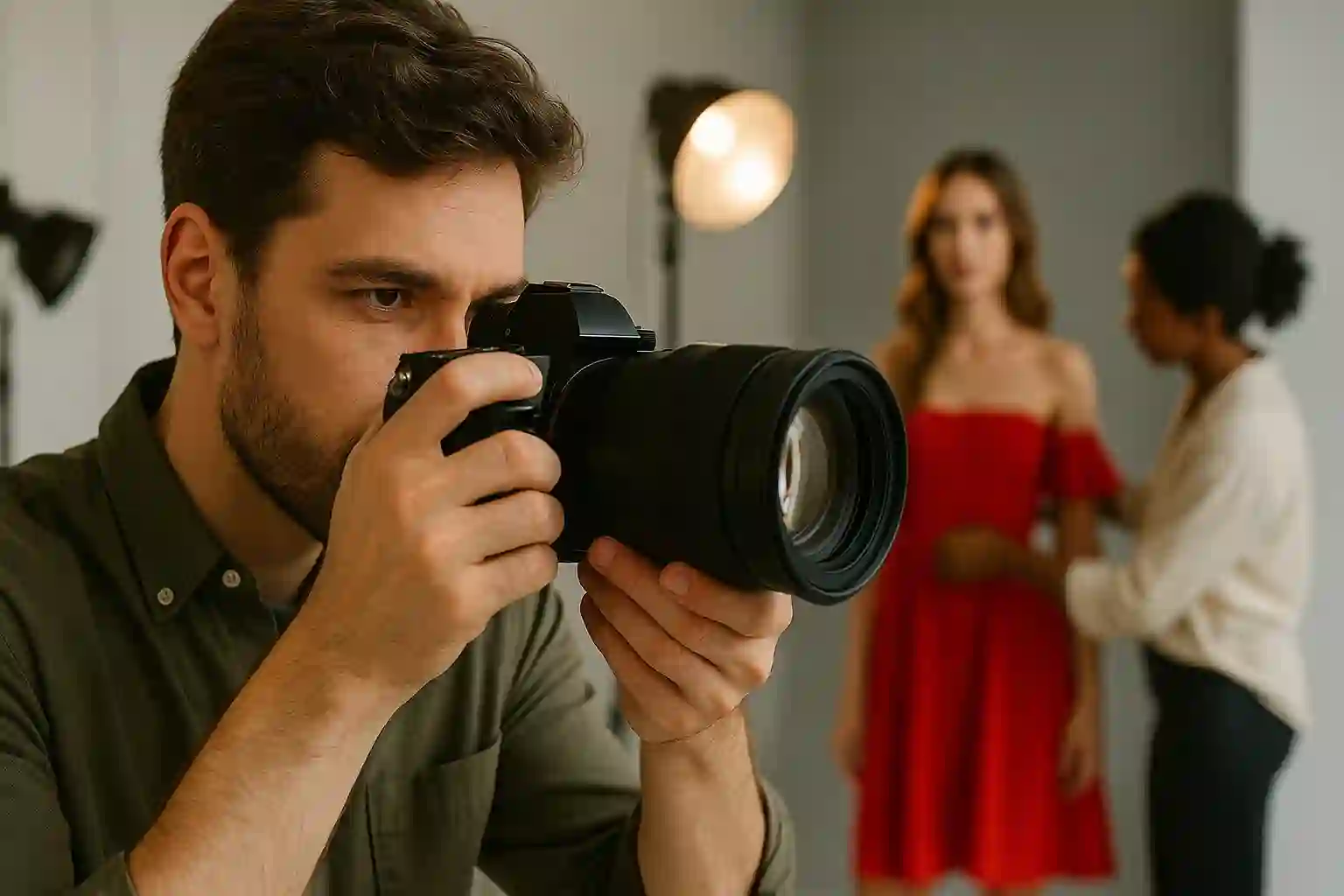 Close-up of a fashion photographer using a professional camera in a studio, with studio lights and a stylist adjusting a model's outfit in the background.